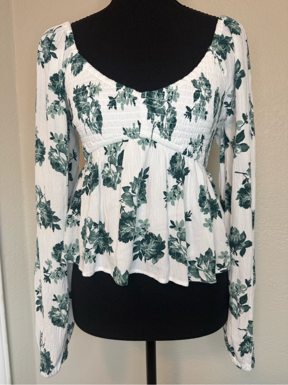 Hollister White Long-Sleeve Peplum Top with Green Floral Print